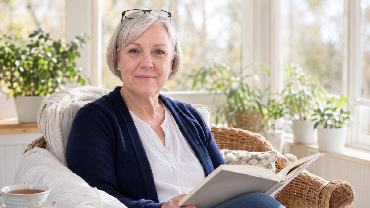 Marilyn Vance reading in her sunroom