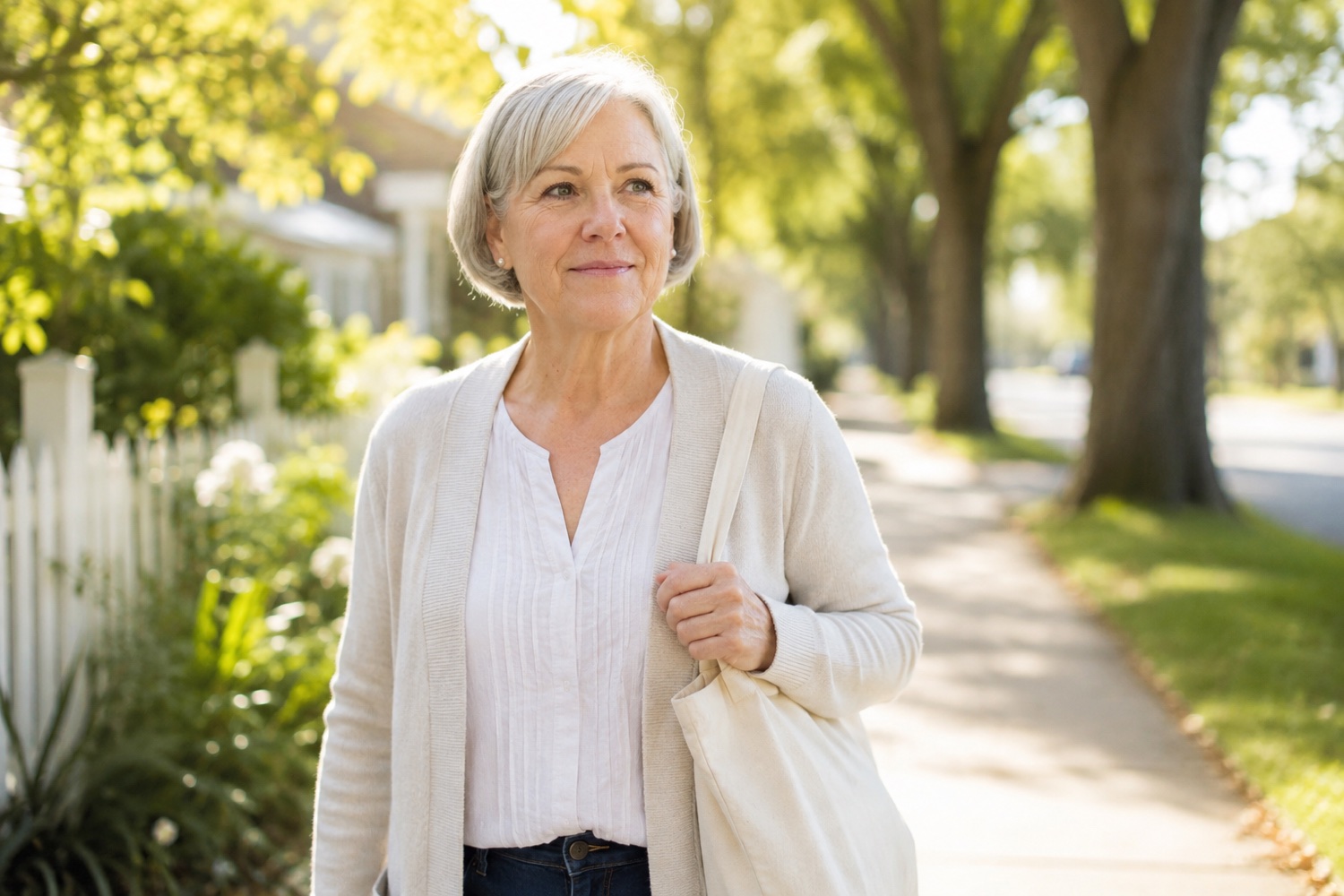 Marilyn Vance out walking on her neighbourhood street on a bright morning